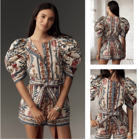 NWT FARM Rio Romantic Lightness Puff Short Sleeve Romper in Blue Pattern Size S - Picture 4 of 16